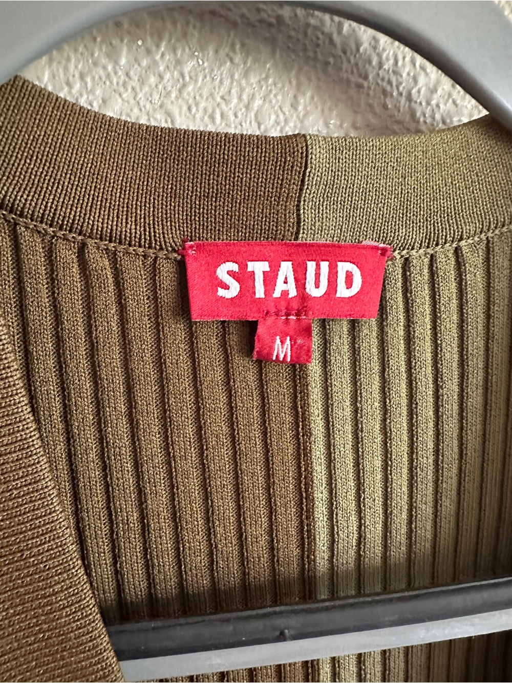 STAUD Shoko Two-Tone Olive Brown Ribbed Button-Front Midi Dress Medium - Picture 3 of 11